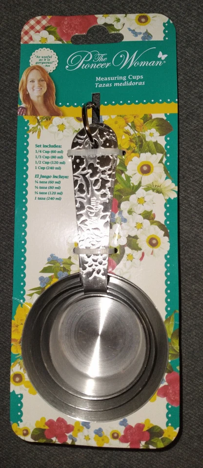Pioneer Woman Set Of 4 Measuring Cups Stainless Steel Playful Posy Embossed, NEW - Image 3 of 4