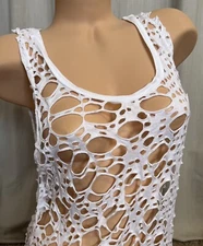 HTF Aryn Glasser White Pool Swim Cover Up Tunic Sz M Tank Torn Holes Distressed!