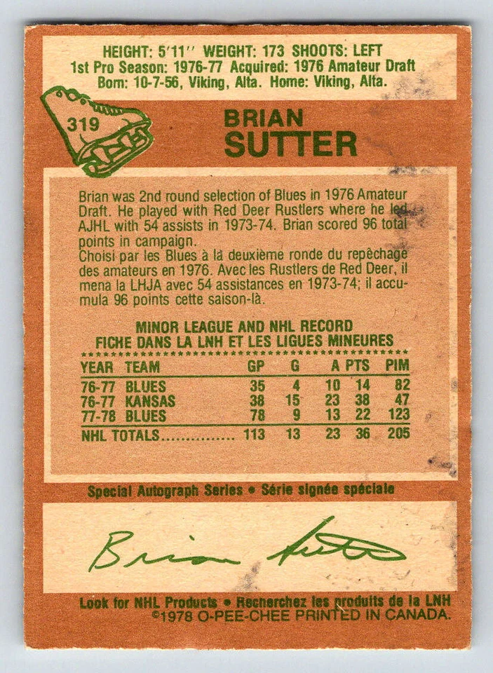 1978-79 O-Pee-Chee #319 Brian Sutter RC (ref 174239) - Image 2 of 2