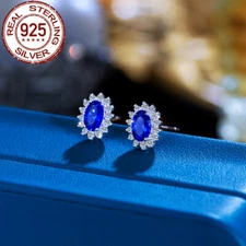 925 Sterling Silver Blue Tanzanite Oval Stud Earring Women Fashion Brand Jewelry