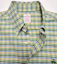 BROOKS BROS Long Sleeve Button Sport Shirt Men MEDIUM M Green Yellow Blue Check