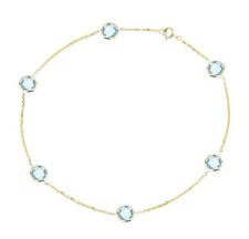 14K Yellow Gold Anklet Bracelet With Blue Topaz Gemstones 9 Inches