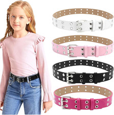 Set of 4 Kids Double Grommet Belt for Girls and Boys, Punk PU Leather Kids Studd