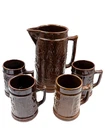 Vtg Red Wing Brown Stoneware Tavern Pitcher 10" + 4 Mugs Embossed Scene Paneled