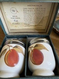 Royal Worcester Egg Coddler Set of 2 Porcelain Fruit Theme Cups w/ Metal Lids