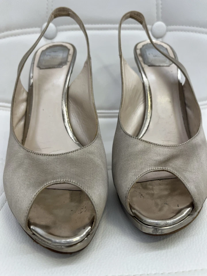 CRISTIAN DIOR Elegante Dorado Peep-toe Eslinga Trasera Tacones Talla 42 10.5 Cuero Satinado Foto 4 de 4