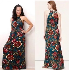 LOFT "Paradise Tropical" Dress Maxi Floral Halter Teal Red Brown Linen Blend XS