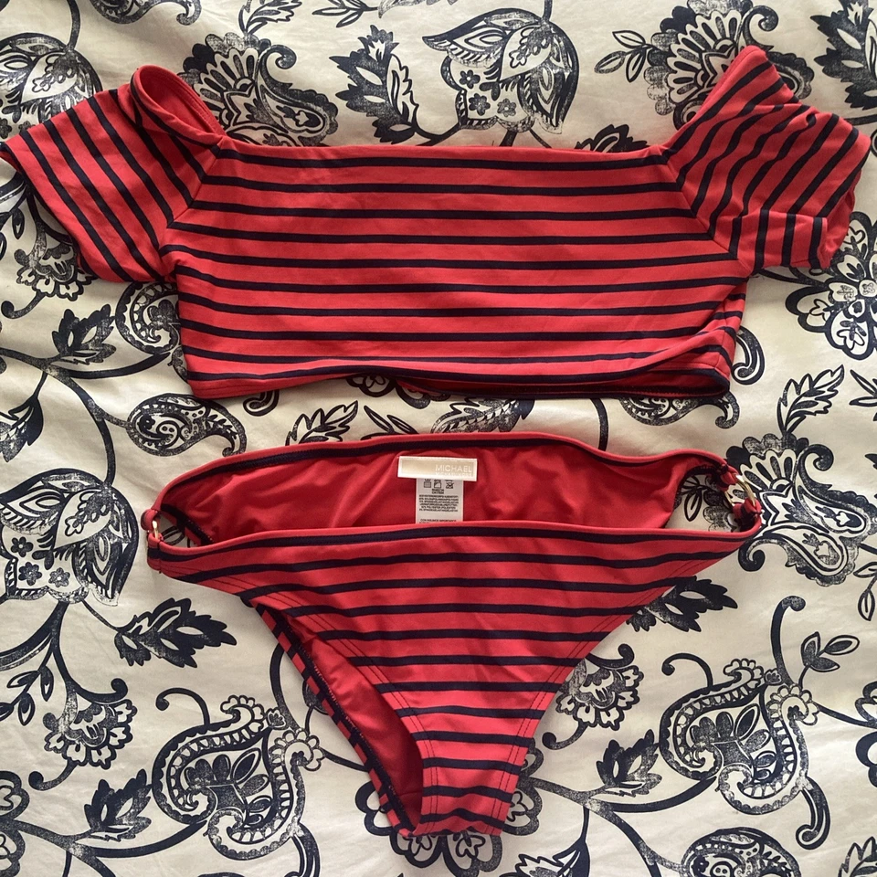 Top de bikini MICHAEL Michael Kors fuera del hombro bandeau - Cabana a rayas talla M Foto 3 de 4