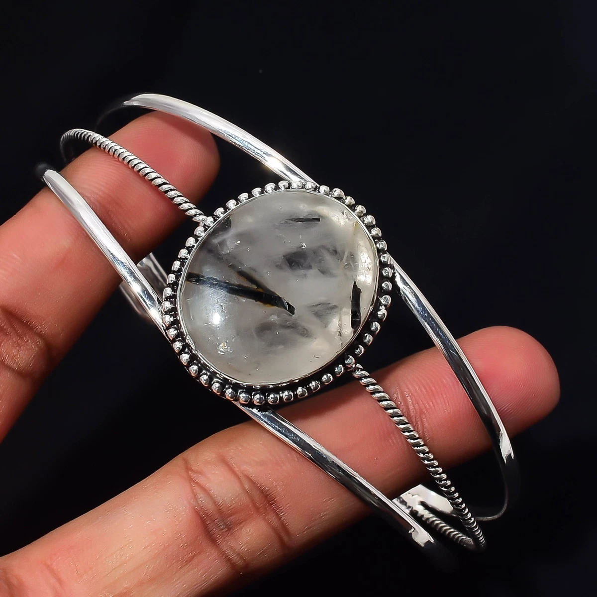 Black Rutile Gemstone 925 Sterling Silver Handmade Bangle Jewelry Gift For Her
