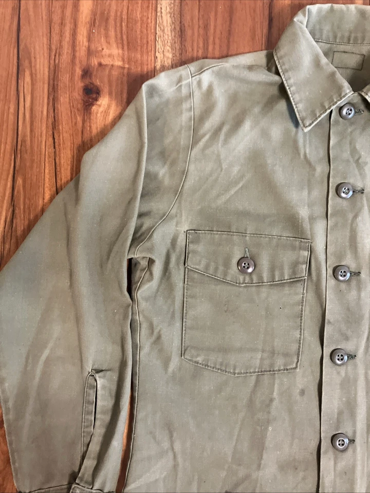 Vintage US Army Field Shirt Cotton Vietnam? 1960s 70s Military Gree WORN 19x28.5 - Image 4 of 4