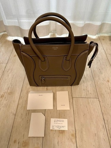 CELINE Nano Luggage Bag Greige Drummed Leather Top Handle Shoulder Tote Bag