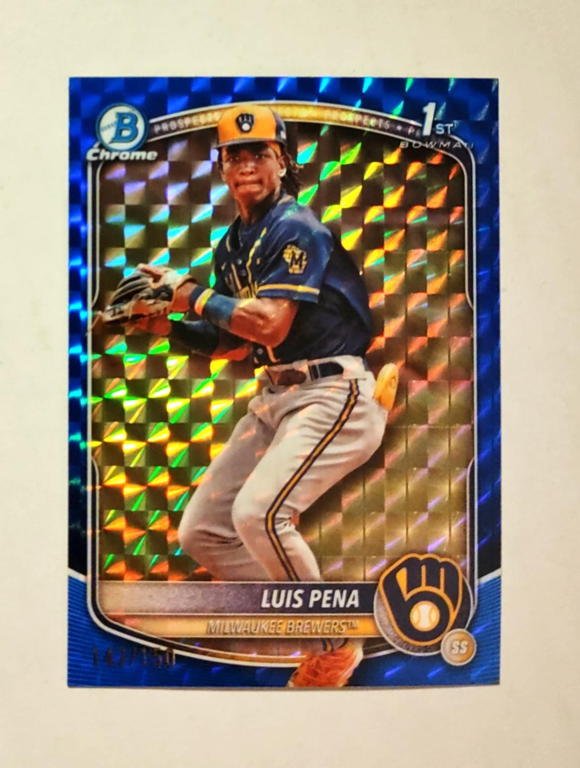 Luis Pena 2025 1st Bowman Chrome BLUE Geometric REFRACTOR 147/150 Brewers RC W6