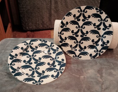 OKA Dinner Plates Blue Ink Tarsia Set of 2 Gorgeous Bone China Dinnerware 9-1/4''