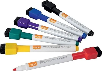 Nobo Mini Whiteboard Pens Magnetic Eraser Cap Fine Tip Dry Wipe Assorted 6 Pack