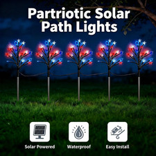 5-Head Red White Blue Solar Garden Lights Patriotic 4th of July Pathway Decor