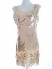 VINTAGE Damen Ballkleid/Abendkleid Gr. 38 Creme Ärmellos Pailletten Knielang