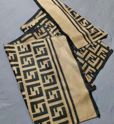 Fendi Scarf Shawl Stole Black Brown Unisex Cashmere Silk FF Logo