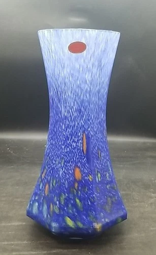 Authentic Murano Art Glass Vase Cobalt Blue W/Yellow Accents 12”Made In Italy