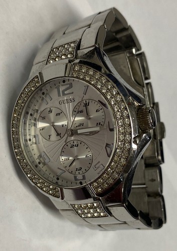 Damen Guess Kalender Uhr Glitzer Lünette silberfarben schöne Uhr neue Batterie - Bild 1 von 10