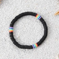 Heishi Bracelet, Boho style Rainbow Polymer Clay Beads on 18cm Elastic Black