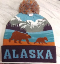 New Alaska Hat Polar Wear Alaska beanie style Knit hat with Pom Pom Bear & cub