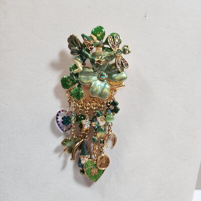 KIRKS FOLLY GREEN ENAMEL ELFIN MAGIC SHAMROCK 8 DANGLE CHARM BROOCH
