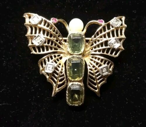 Fine Antique Butterfly Brooch 14K Gold Diamond Garnet Ruby Pearl 7.53g