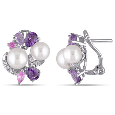 Amour Ohrringe Sterlingsilber Perle Saphir Amethyst und Rose de France