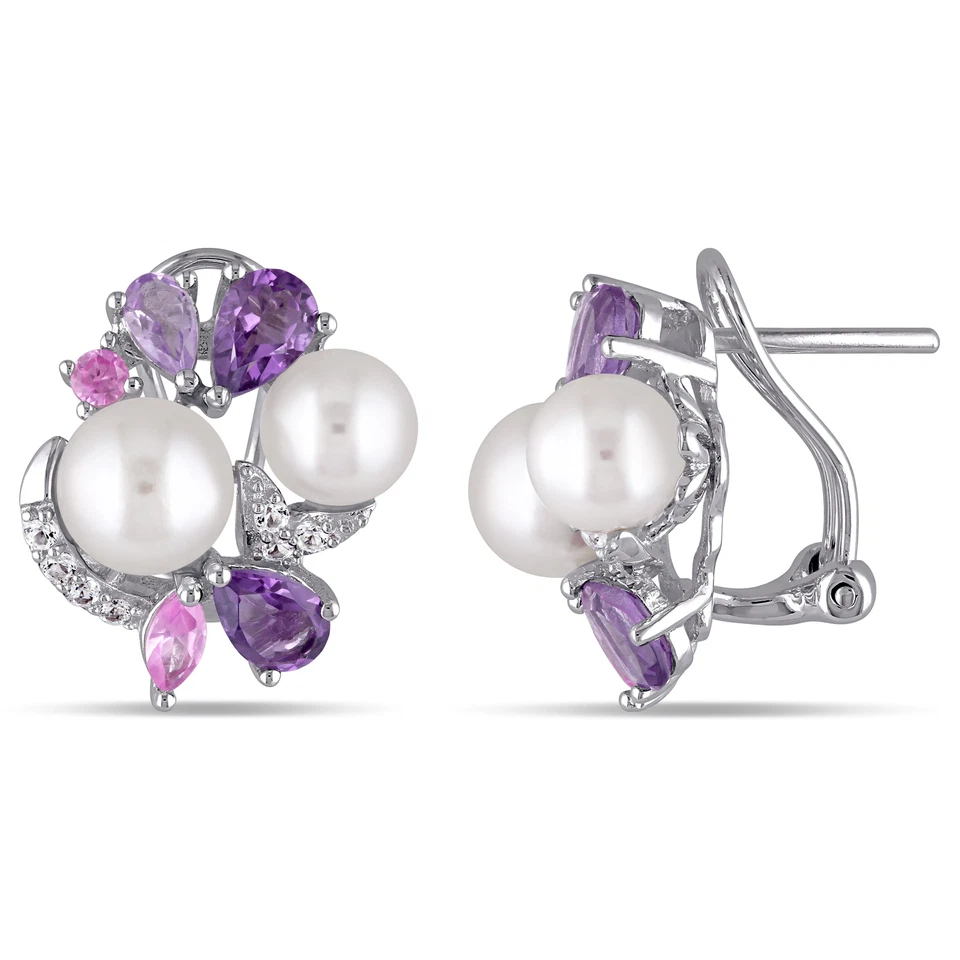 Pendientes Amour Plata de Ley Perla Zafiro Amatista y Rosa de Francia