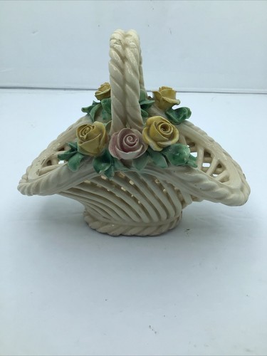 Vintage Italy Porcelain Basket Applied Flowers with Handle