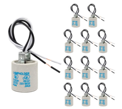 12Pk Ceramic E26/E27 Light Socket w/ 12   Wire Lead Medium Screw Bulb Holder