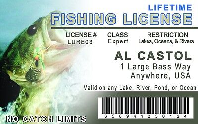 fun novelty Lifetime Fishing License Fisherman plastic ID card Drivers  License 