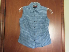 ROPER FIVE STAR WESTERN SLEEVELESS SPARKLING METALLIC PLAID PEARL SNAP SHIRT TOP