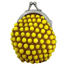 Vintage Faceted Yellow Bead Crochet Coin Purse Framed Kiss Lock Closure
