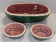 Vintage 70’s Ceramic 14” Watermelon Serving Dish With 2 Small 5.5” Serving Bowls