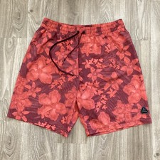 Prana Swim Shorts Mens L. Red Aloha Floral Trunks Lined Elastic Waist.
