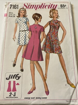 Vintage Simplicity 7161 JIFFY Mini Dress Pattern Sz 14 UNCUT 1960's Mod Go Go