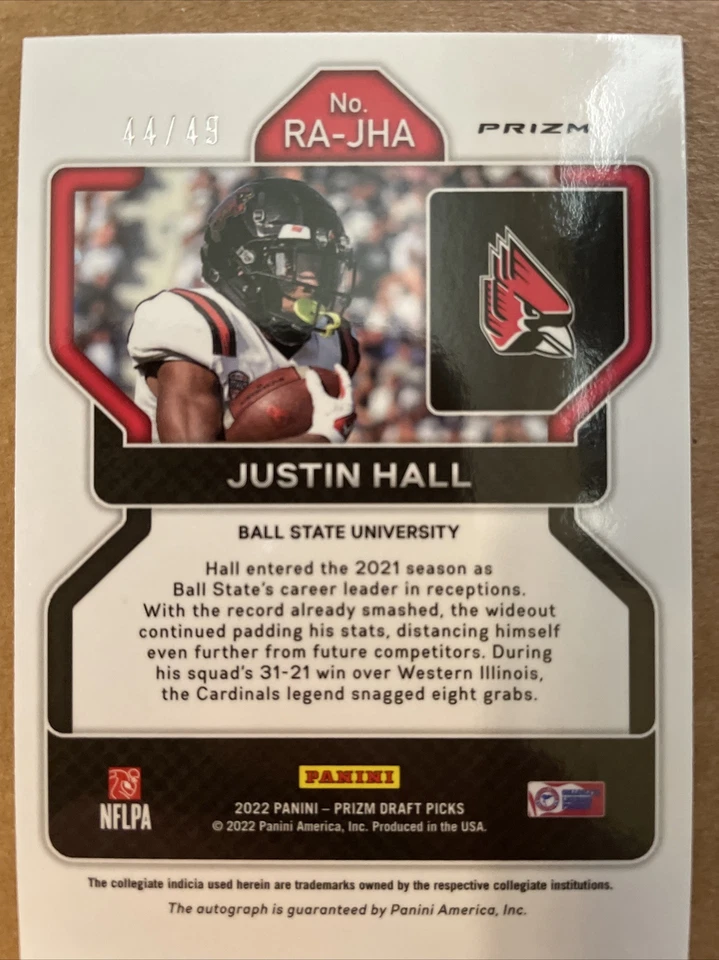 Justin Hall Auto #44/49 2023 Panini Prizm Orange RA-JHA Ball State/Raiders - Image 2 of 2