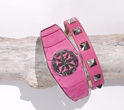 Rustic Cuff Pink Animal Bracelet Silver Tone Leather Stud Pink Hot Pink