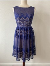 London Times PetiteDress Womens Size 6 Fit & Flare Sleeveless Lace Back Zip Blue