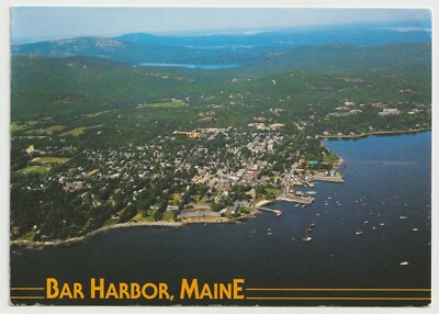 Bar Harbor Maine Ariel View Vintage Post Card Posted 1992 19¢ Deer Fawn Stamp