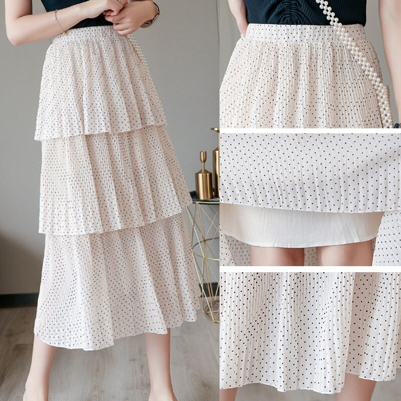 スカート CHIFFON DOT LAYERED BANDING SKIRT Lady Chiffon Pleated Layered Skirt Polka Dot Cake Skirts Mid