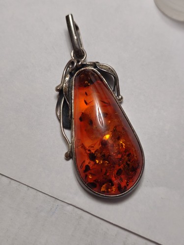 VINTAGE BALTIC AMBER STERLING SILVER PENDANT CHARM PEAR SHAPE 925