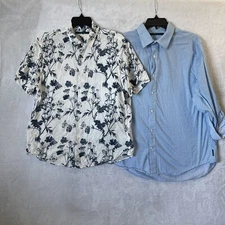 Perry Ellis Mens Button Shirt Lot 2 Blue White Geometric Large Collar Rayon