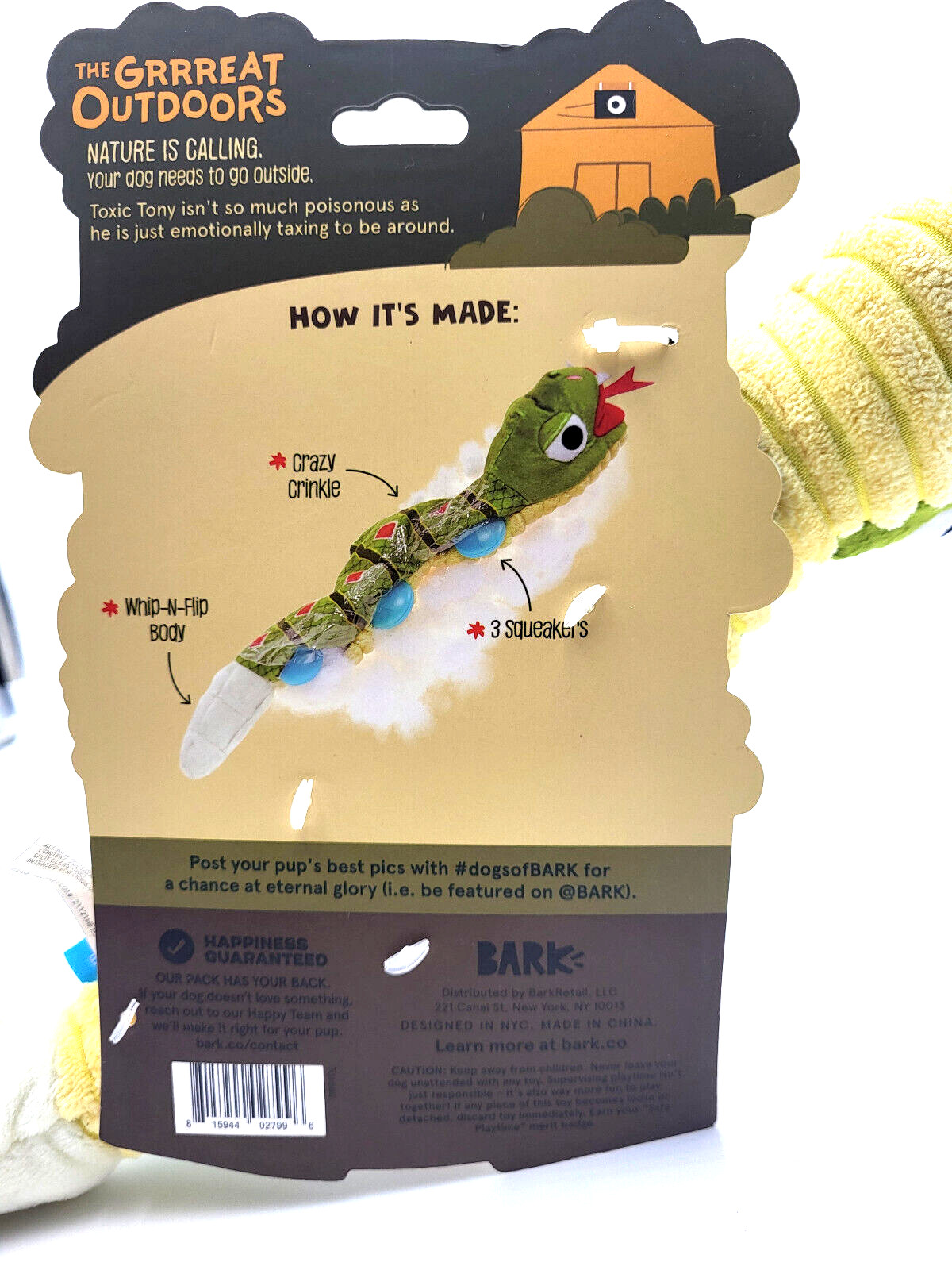 BarkBox Toxic Tony Snake Small/Medium Plush Squeaky Crinkly Dog Toy 15"