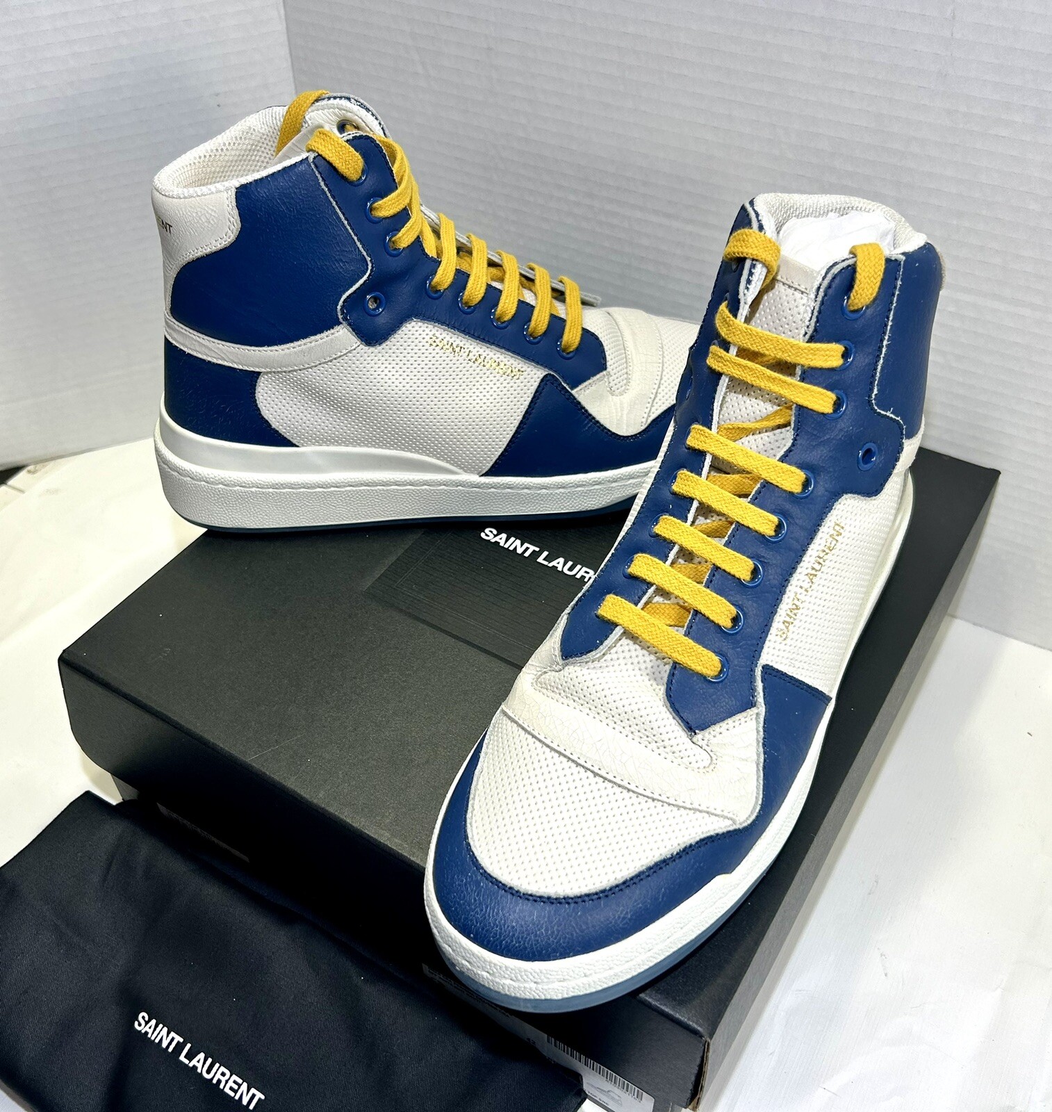 NUOVE SNEAKERS IN PELLE SAINT LAURENT YSL24 MID TOP BIANCHE BLU TAGLIA 42 610619AAAI5