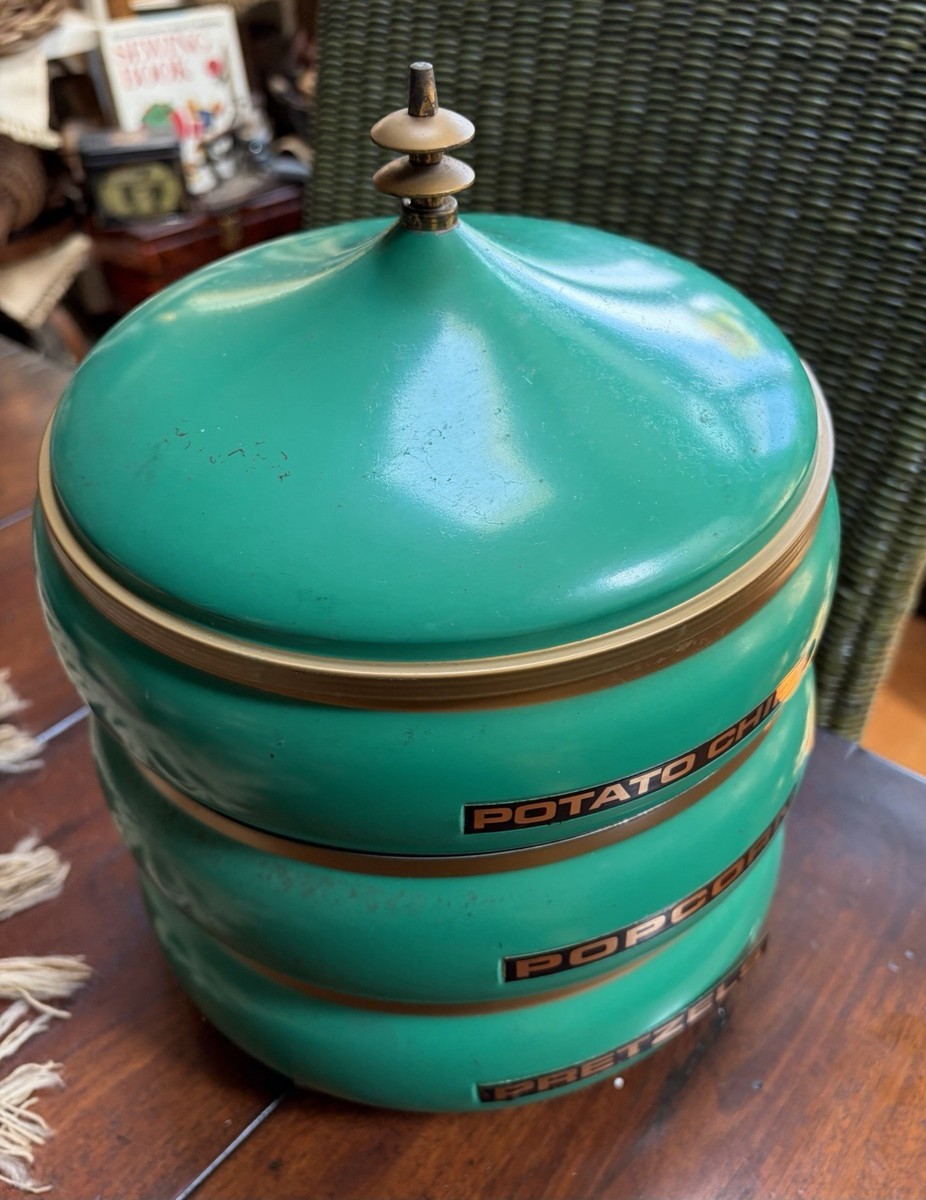Vntg MCM Green Footed Stack Snack Canister Set Retro Lincoln