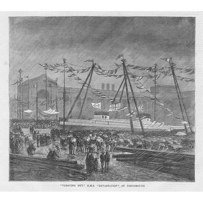 HMS DEVASTATION Floating Out at Portsmouth - antiker Druck 1871