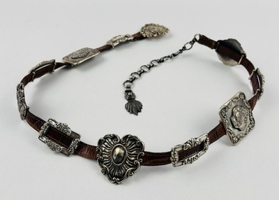Vintage 1993 Brighton Silver Cameo Concho Medallion Brown Leather
