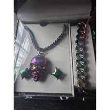 Beverly Hills Polo Club Iridescent Skull Necklace Earrings and Bracelet Set